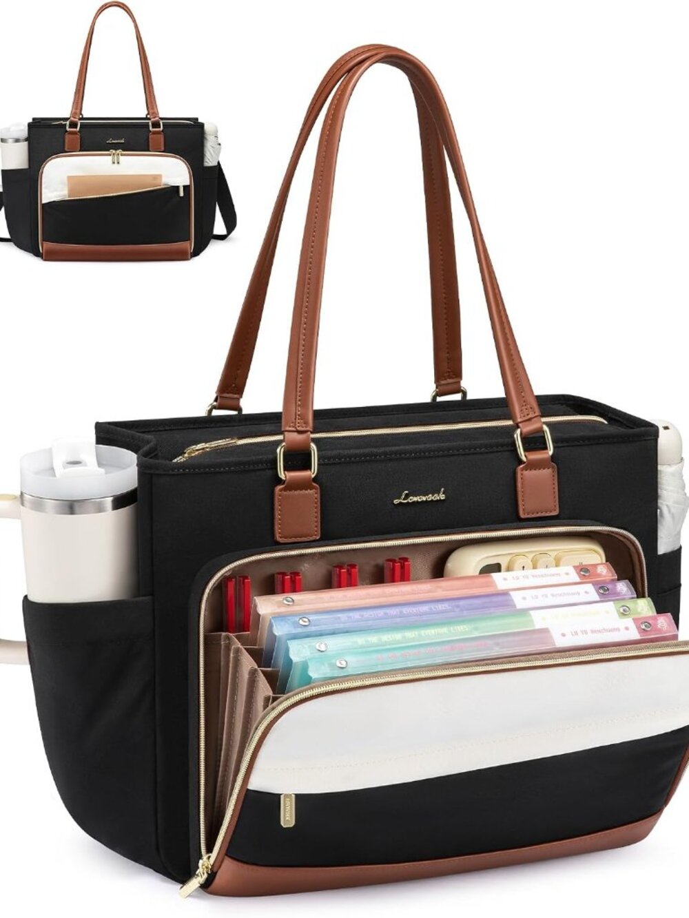 Laptop Bag for Women, Teacher Tote Bag with Large Cup Holder & Accordion File Ar